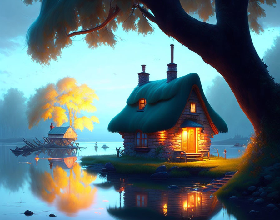 Tranquil lake cottage at dusk with glowing window