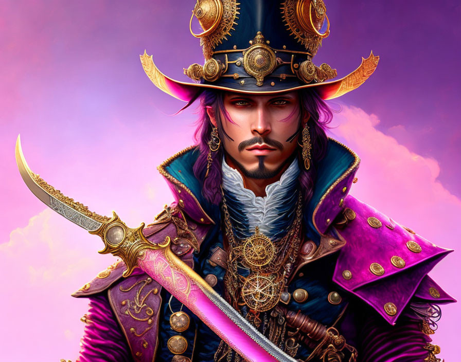 Fantasy character digital art: purple-haired figure in golden and blue admiral's hat, royal purple