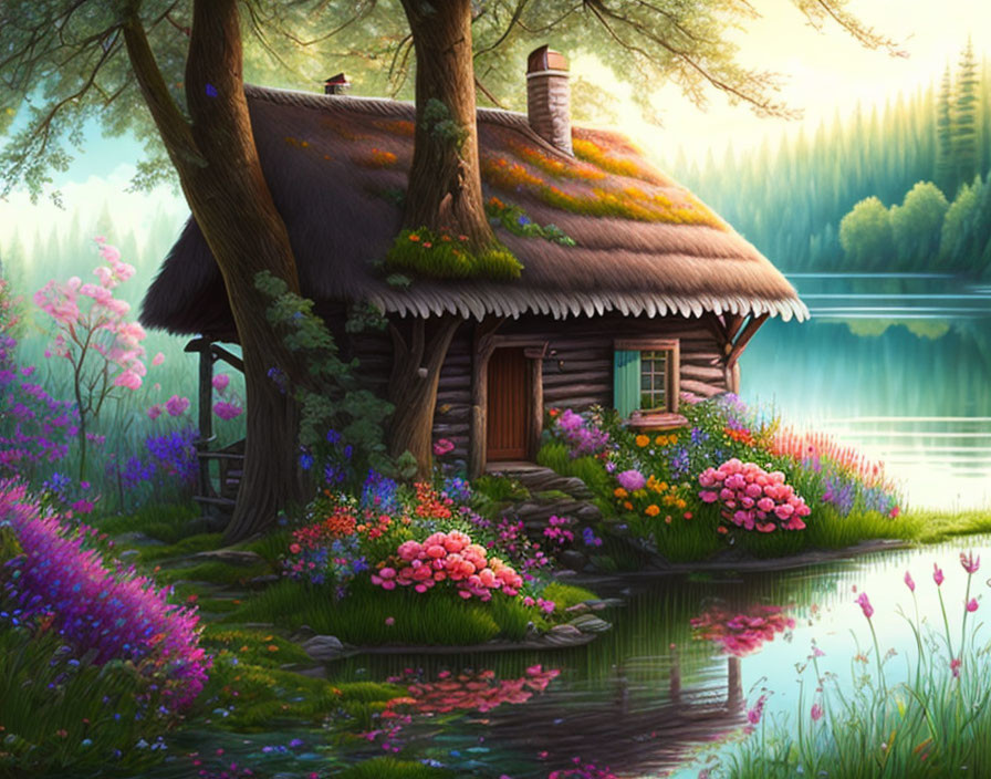 Tranquil lake view with thatched roof cottage and vibrant flowers