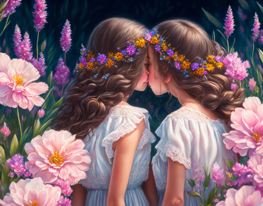 Two Girls with Floral Crowns Touch Foreheads in Pink Flower Garden