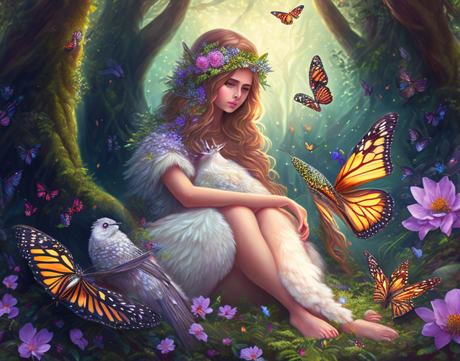 Illustration of woman with floral crown, butterflies, bird, and flowers in whimsical forest