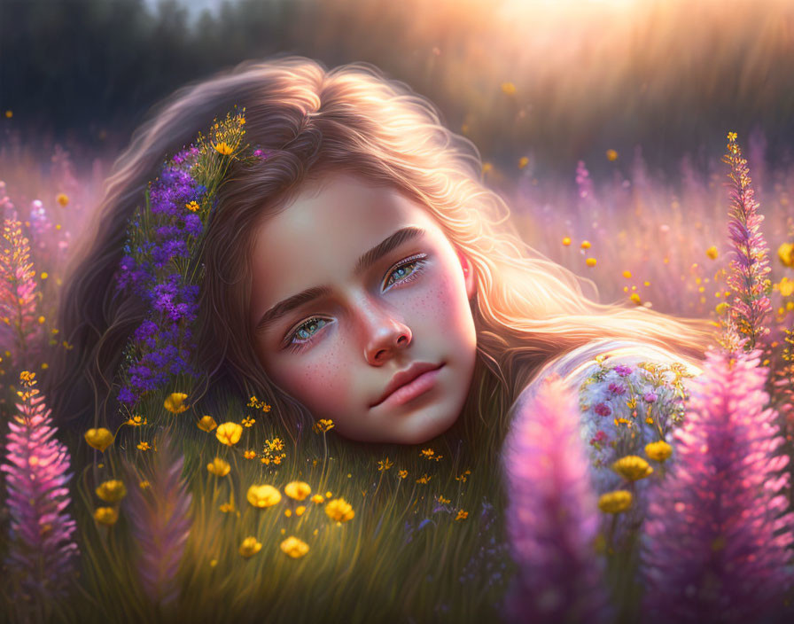 Young girl in flower field with sunlight filtering through