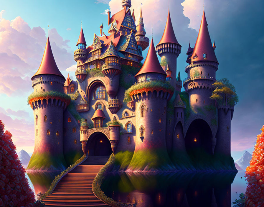 Majestic fairytale castle with spires in sunset setting