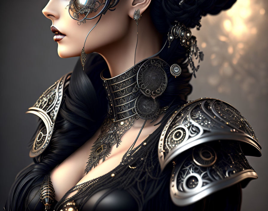 Digital artwork featuring woman in ornate black and metallic armor, intricate jewelry, stylized hair, warm