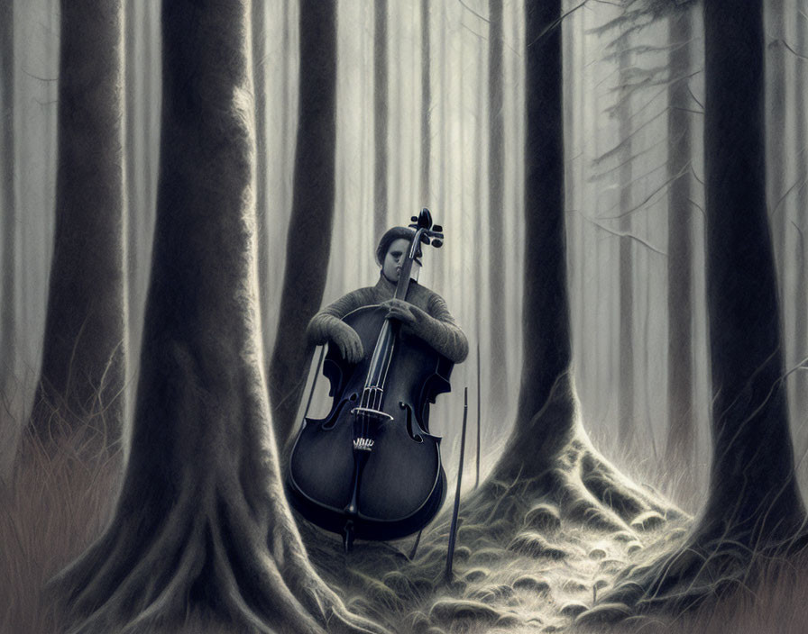 Person playing cello in misty forest with tall trees