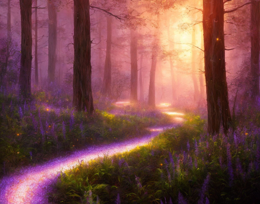 Mystical forest path with purple wildflowers under soft sunlight