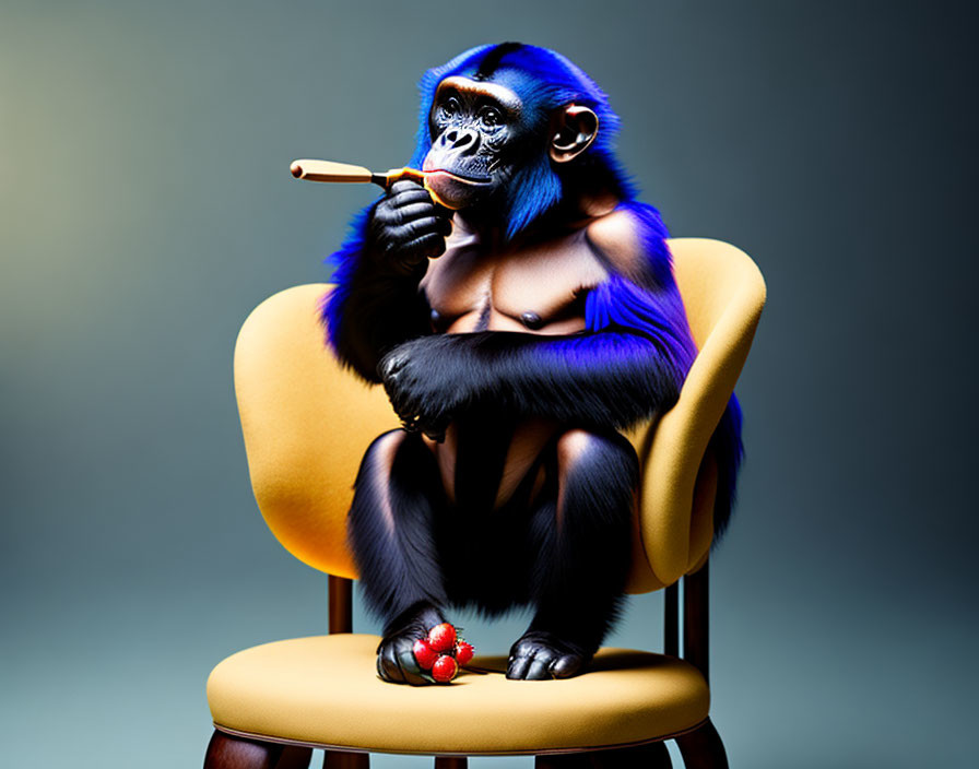 Stylized image of blue-faced monkey with brush pondering red object