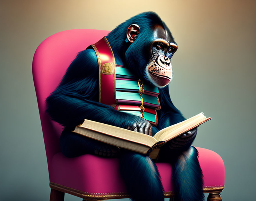 Chimpanzee in scholarly attire with open book on magenta chair