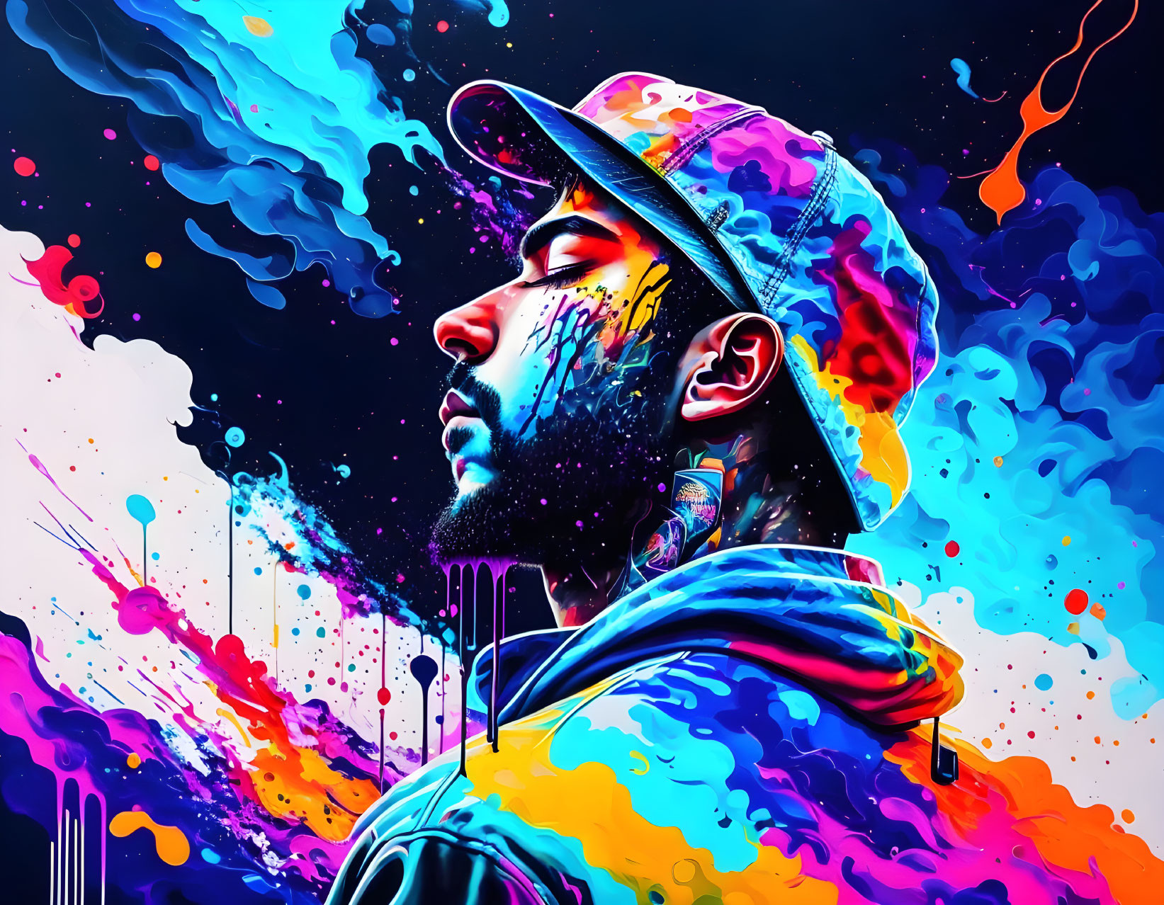 Profile of a man in vibrant neon explosion with abstract splashes