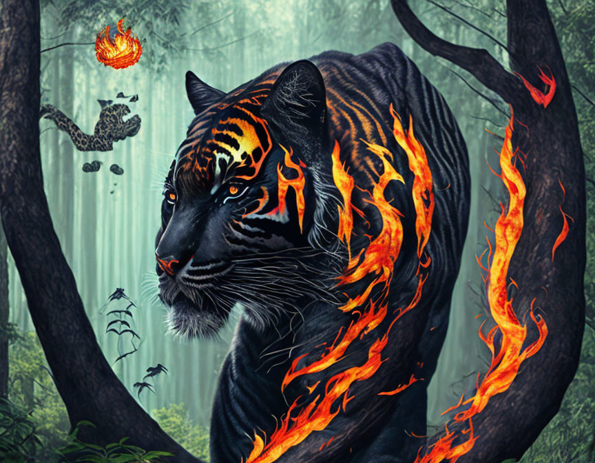 Fantastical image: Tiger with flame stripes, leopard leaping, fiery object in misty forest