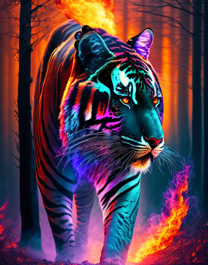 Colorful Tiger Roaming Fiery Fantasy Forest