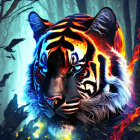 Fantastical image: Tiger with flame stripes, leopard leaping, fiery object in misty forest