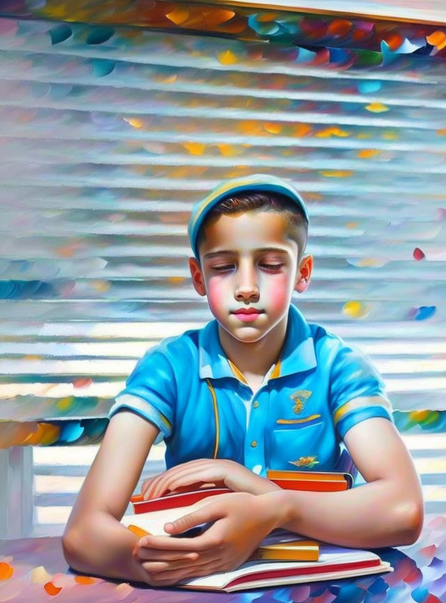 Young boy in blue attire with closed eyes and book against abstract backdrop