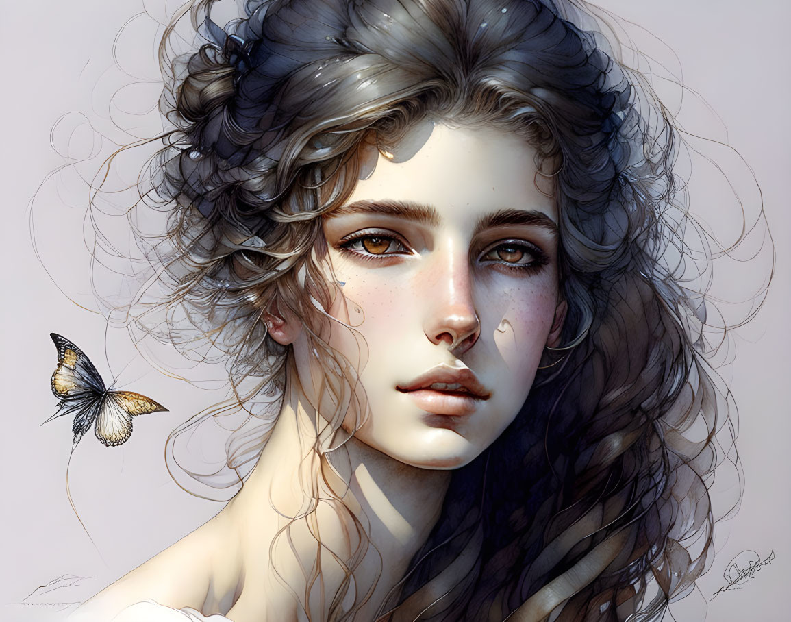 Detailed curly hair and butterfly in portrait illustration