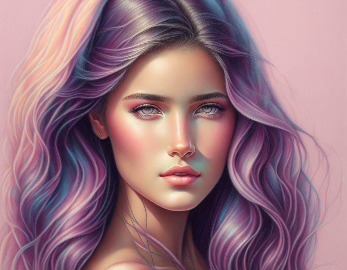 Multicolored hair young woman digital art on pink background