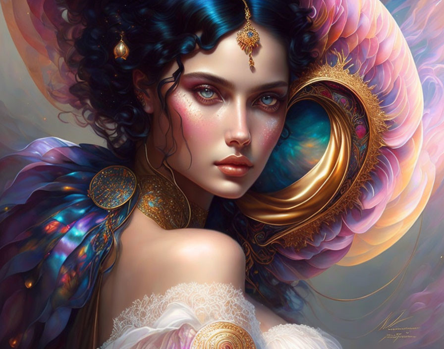 Ethereal woman with blue-black curls and striking blue eyes adorned with gold jewelry