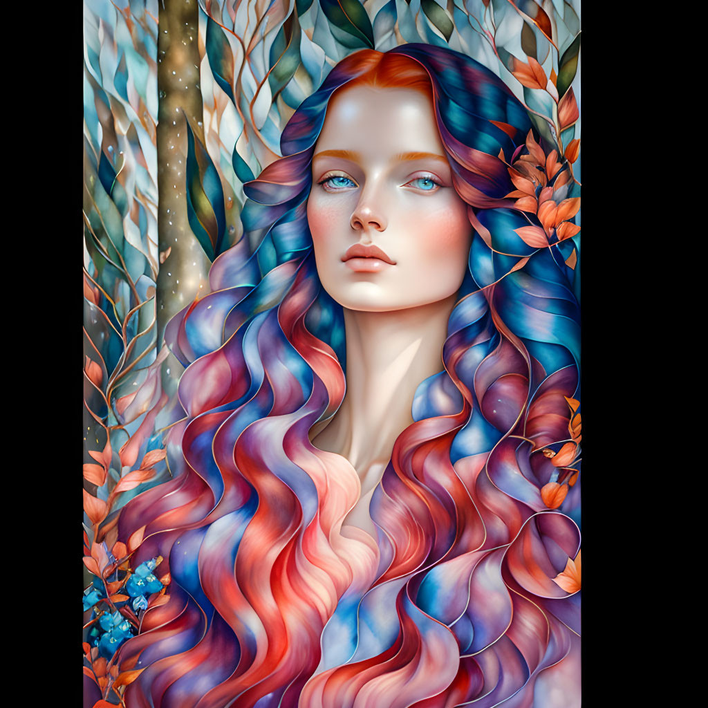 Multicolored hair female figure in autumn and winter forest.