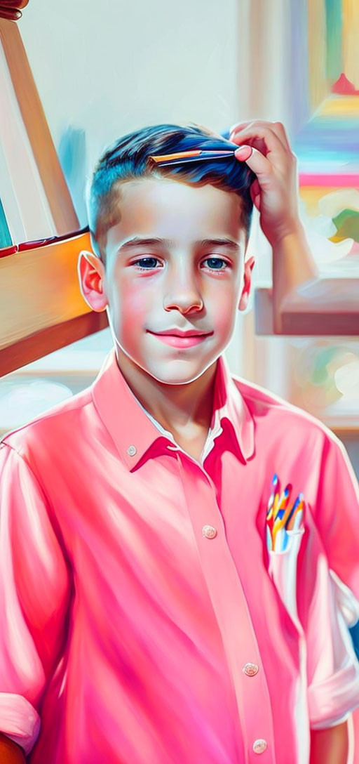 Smiling young boy portrait in pink shirt with pens, colorful background