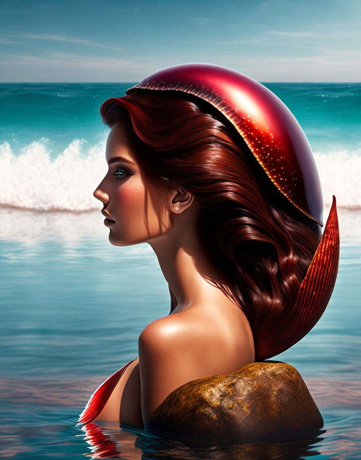 Mermaid digital art: Red tail, flowing hair by ocean.