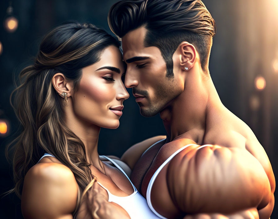 Digital artwork: Muscular man and woman with detailed features in intimate gaze