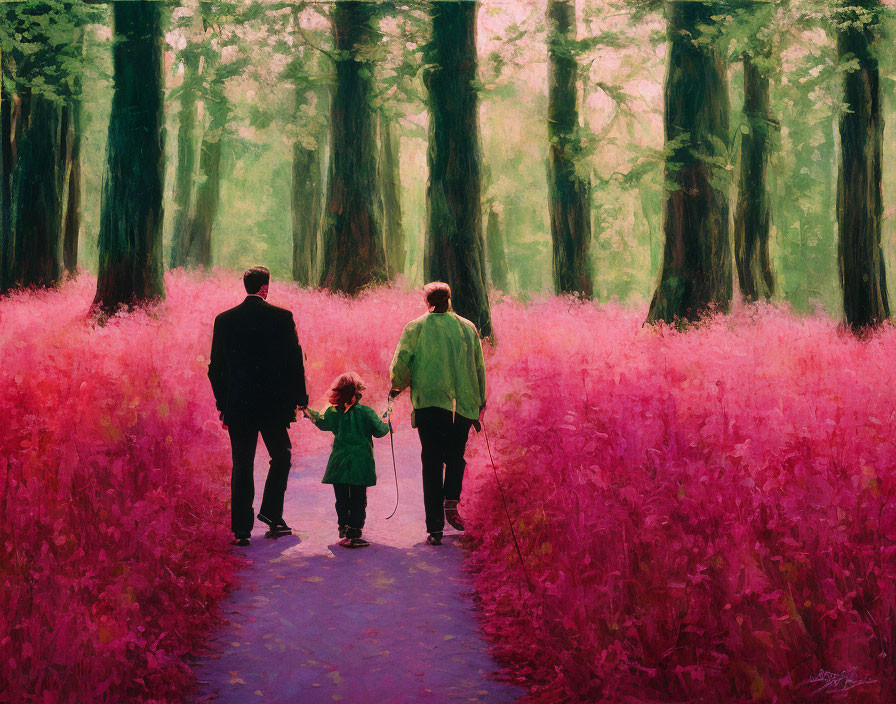 Adults and child walking in forest with tall trees and pink grass