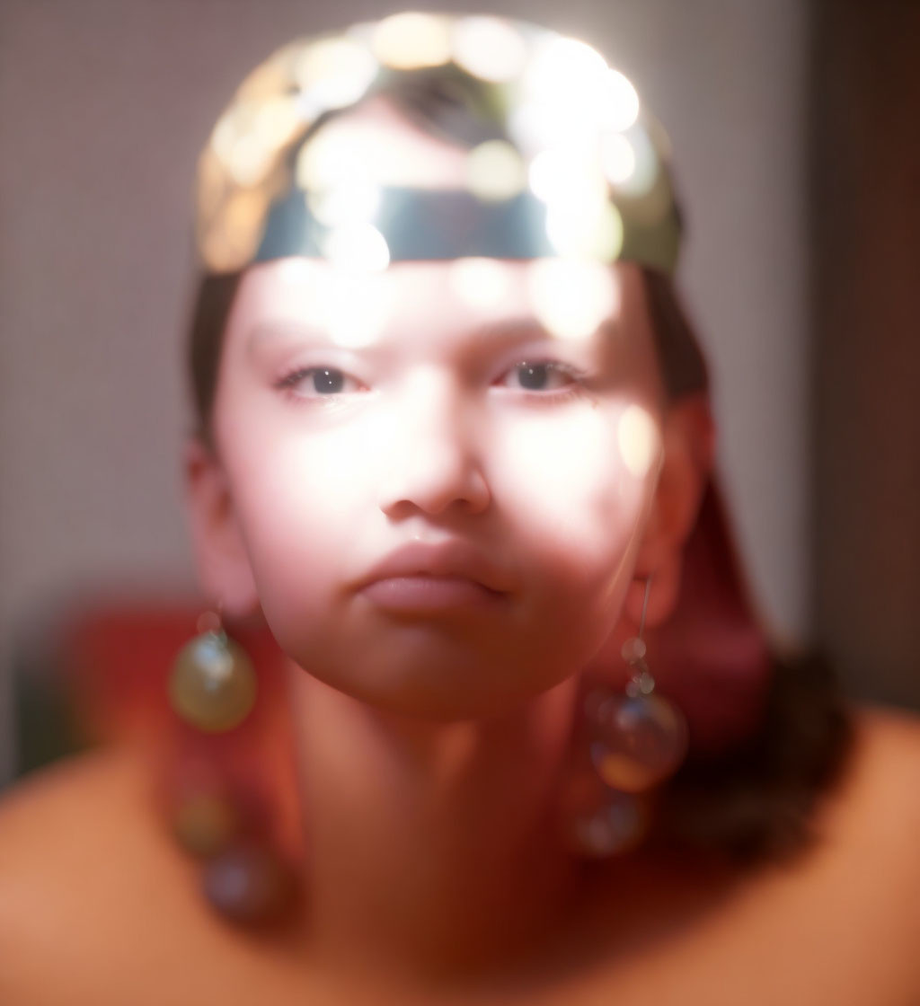 Blurred figure in headband with reflective earrings