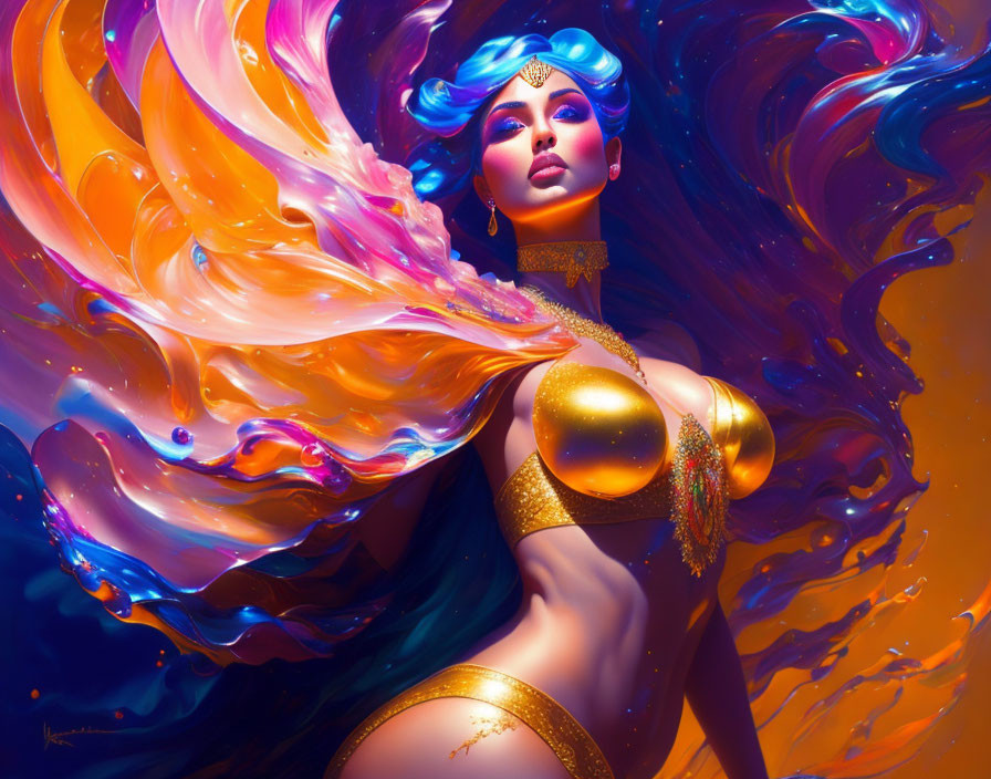 Vibrant digital artwork: stylized woman with blue hair in golden attire