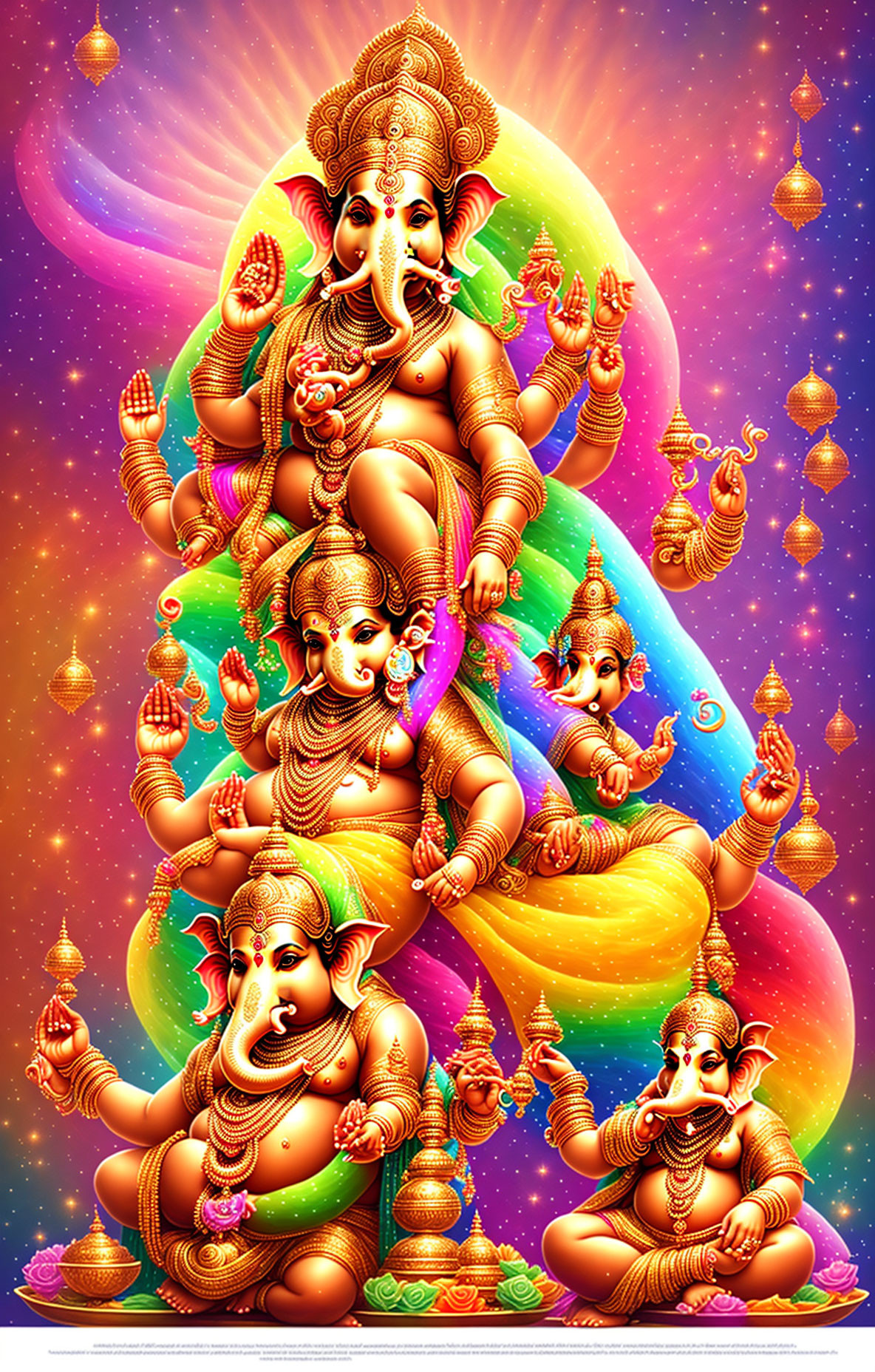 Vibrant Hindu deity Ganesha illustration with multiple arms and symbolic items against colorful backdrop.