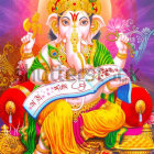 Vibrant Hindu deity Ganesha illustration with multiple arms and symbolic items against colorful backdrop.