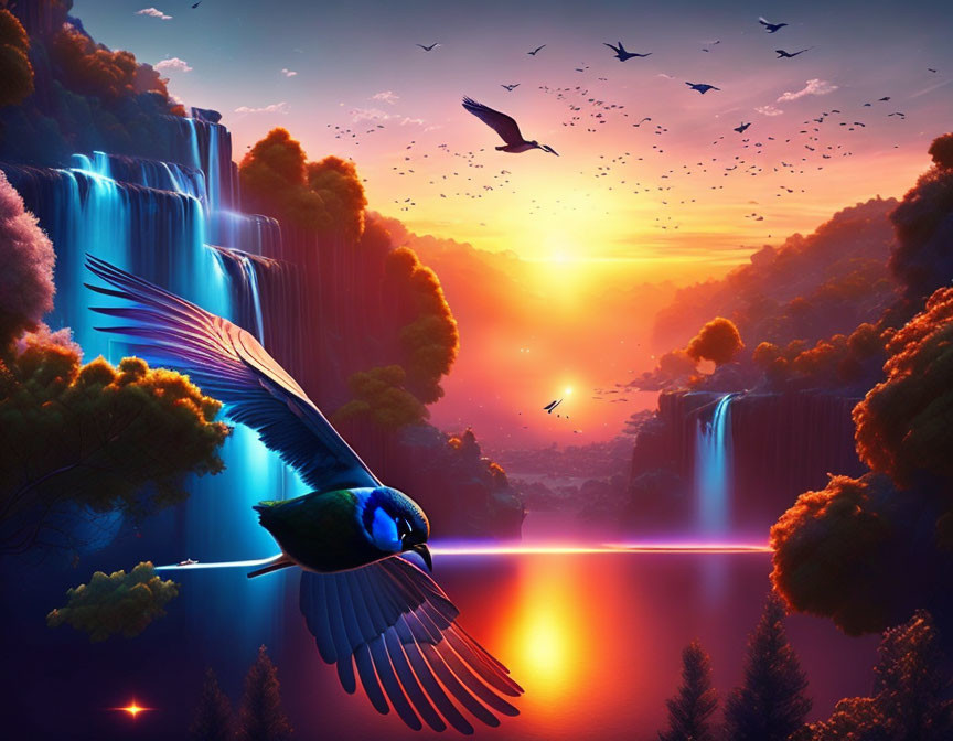 Mythical landscape with waterfalls, bird, and sunset