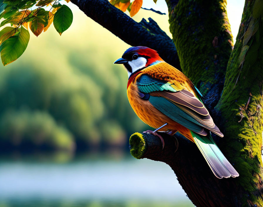 Colorful Bird with Red, Blue, and Green Plumage Perched on Tree Branch