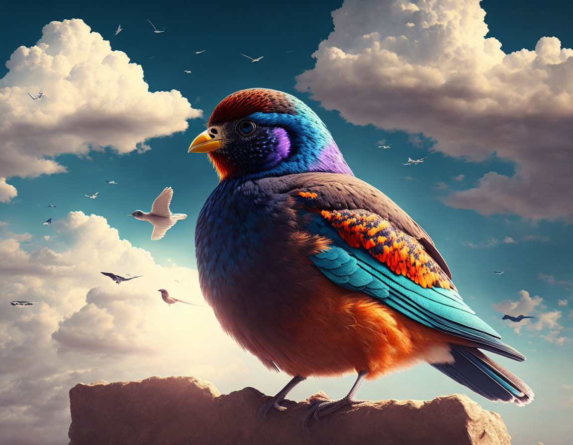 Colorful Bird Perched on Rock with Dramatic Sky