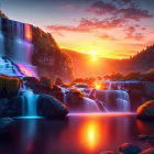 Mythical landscape with waterfalls, bird, and sunset