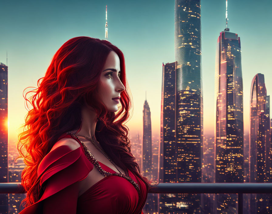 Red-haired woman in red dress on balcony at sunset with cityscape view