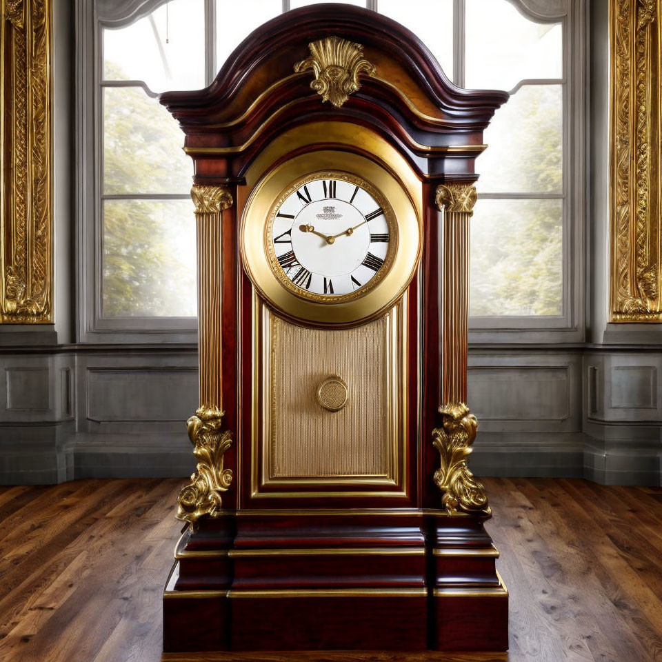 Antique grandfather clock with white face and roman numerals in elegant room