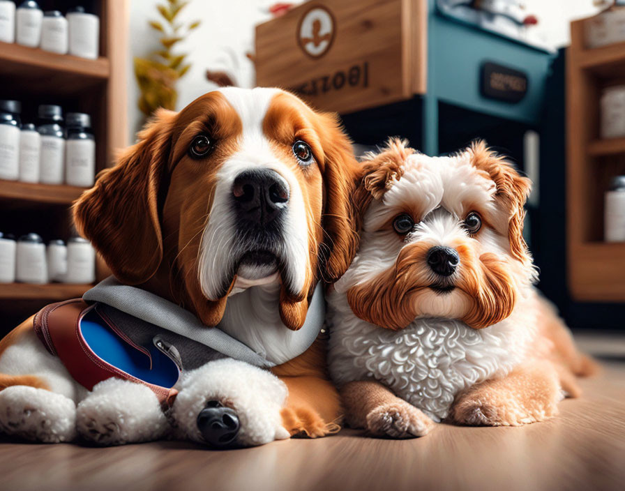 Beagle and Shih Tzu dogs indoors, Beagle with stethoscope portraying vet role