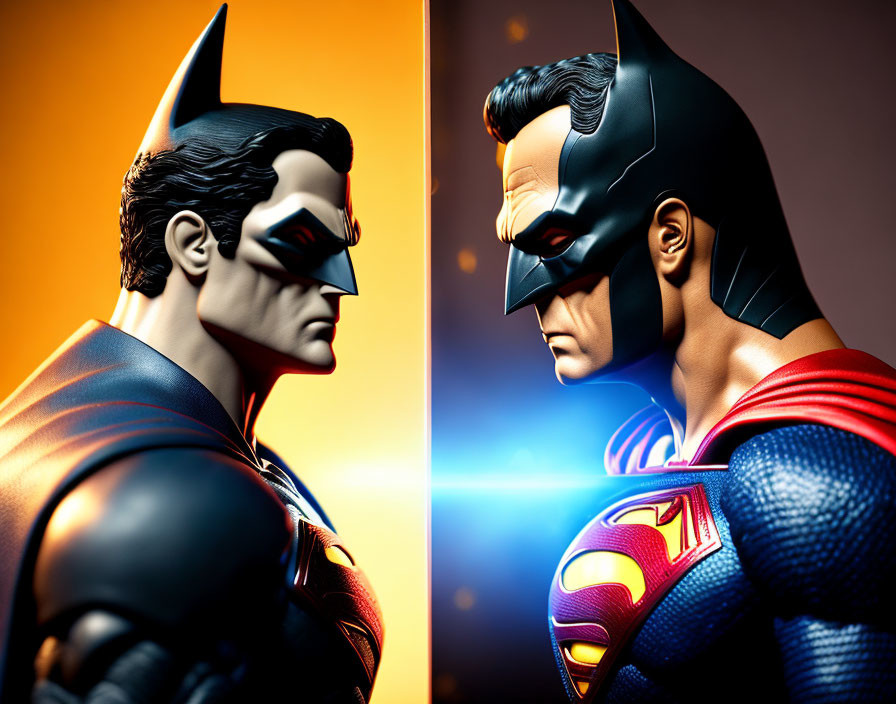 Batman and Superman action figures facing off with glowing line in dramatic lighting