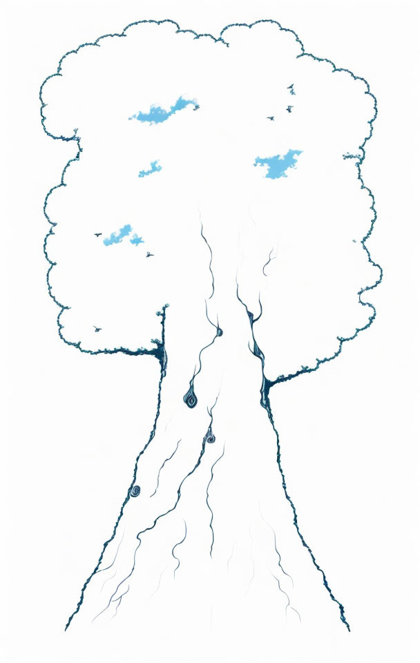 Illustration of Tree with Cloud Canopy, Blue Birds, and Water-like Roots