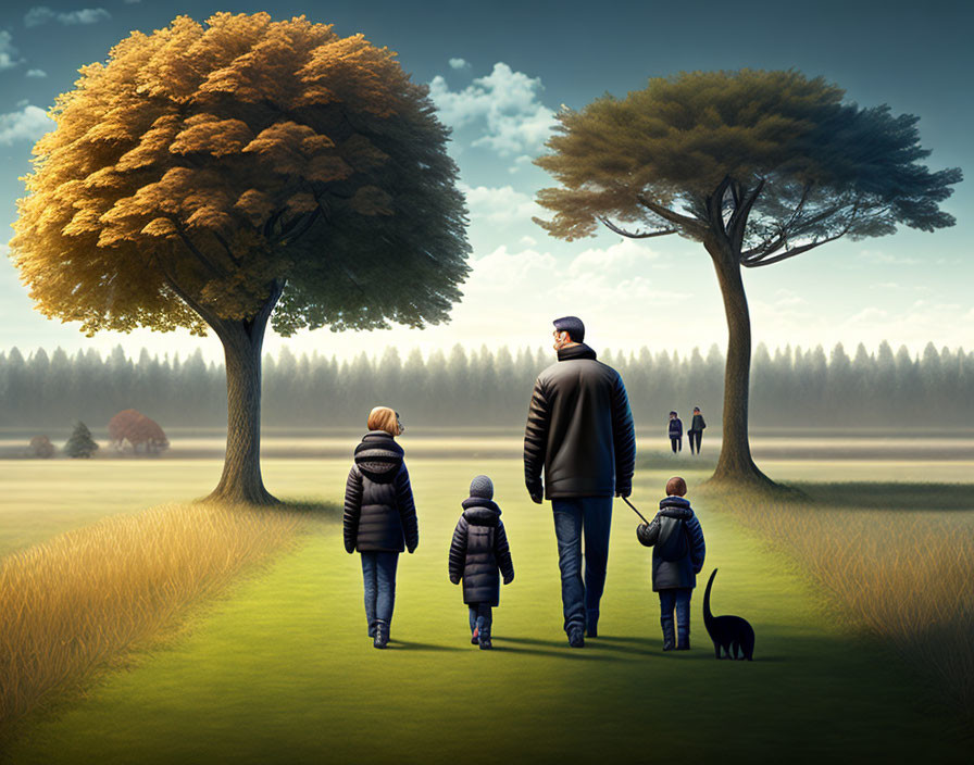 Family of Four with Dog Walking in Autumn Landscape