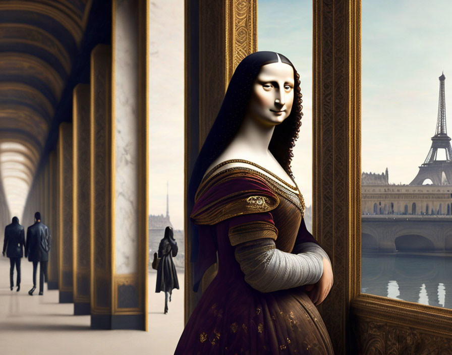 Surreal image: Mona Lisa blended with Eiffel Tower and people.