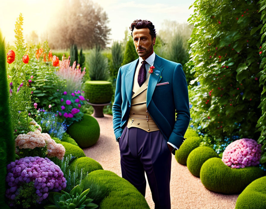 Stylish man in teal outfit poses in lush garden