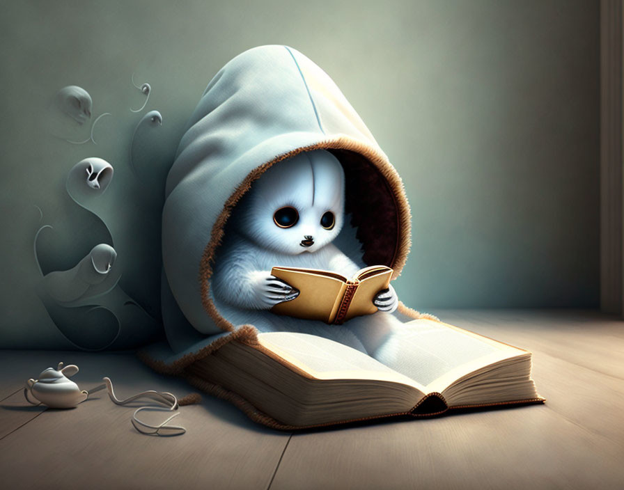 Ghostly character reading a book with teapot and cup in softly lit room