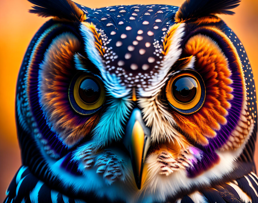 Vibrant digital artwork: Intricate owl with colorful feathers and intense eyes