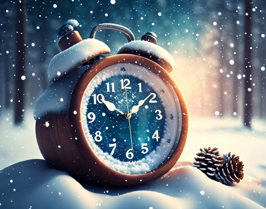 Snow-covered alarm clock and pine cone on wintry surface