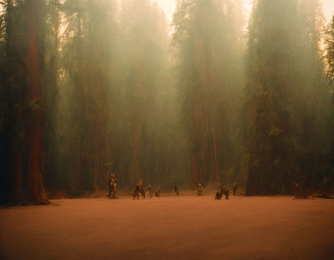 Tranquil forest with misty redwood trees and grazing deer