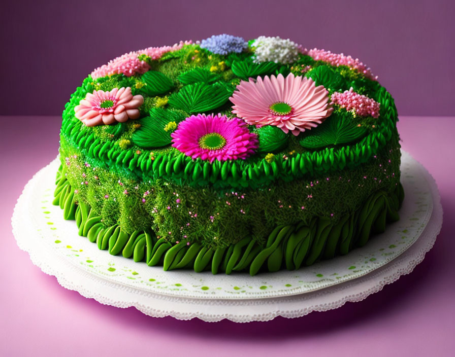 Colorful Floral-Themed Cake with Green Grass Icing