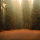 Tranquil forest with misty redwood trees and grazing deer