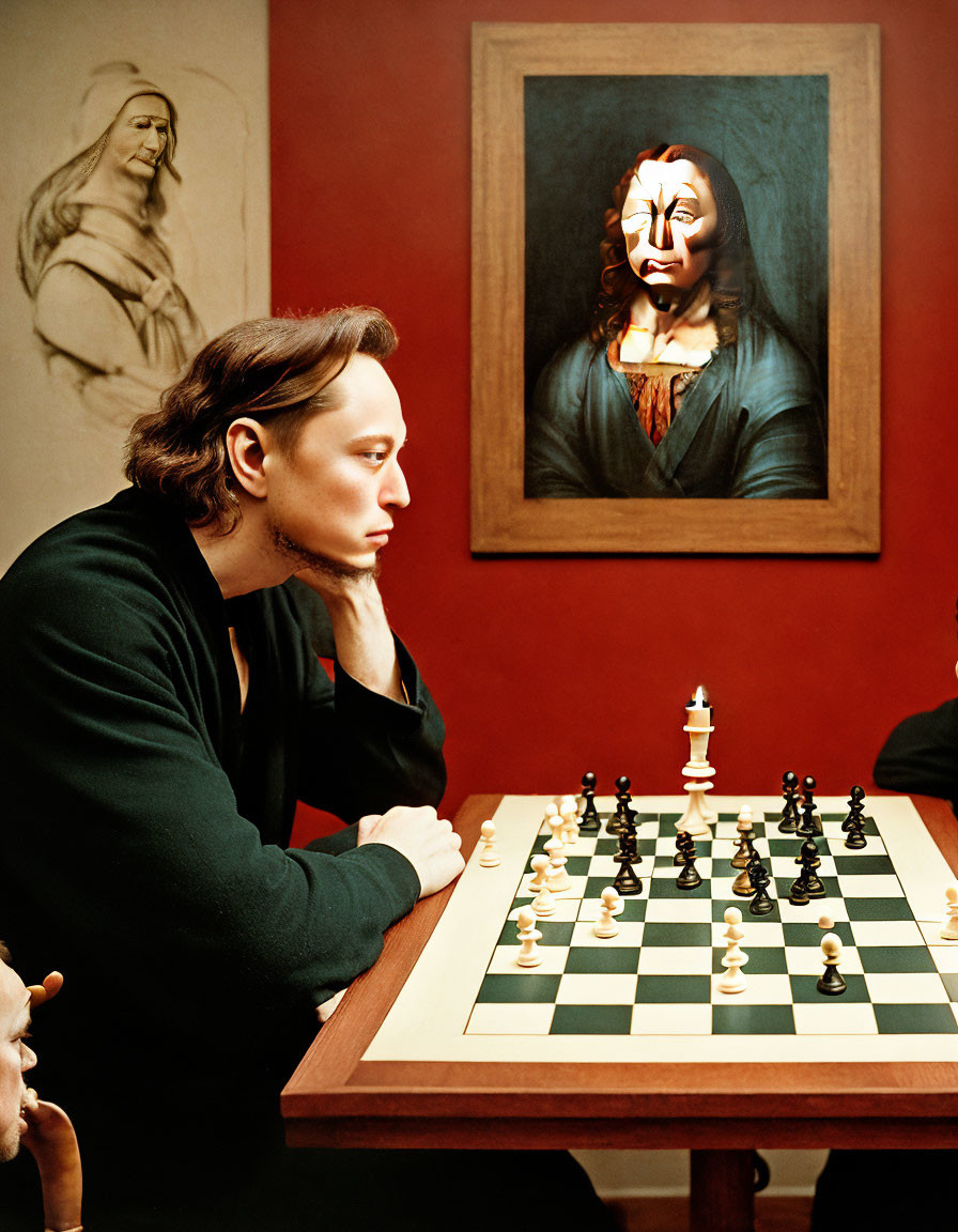 Chess player contemplating with Mona Lisa portrait and face paint artwork.