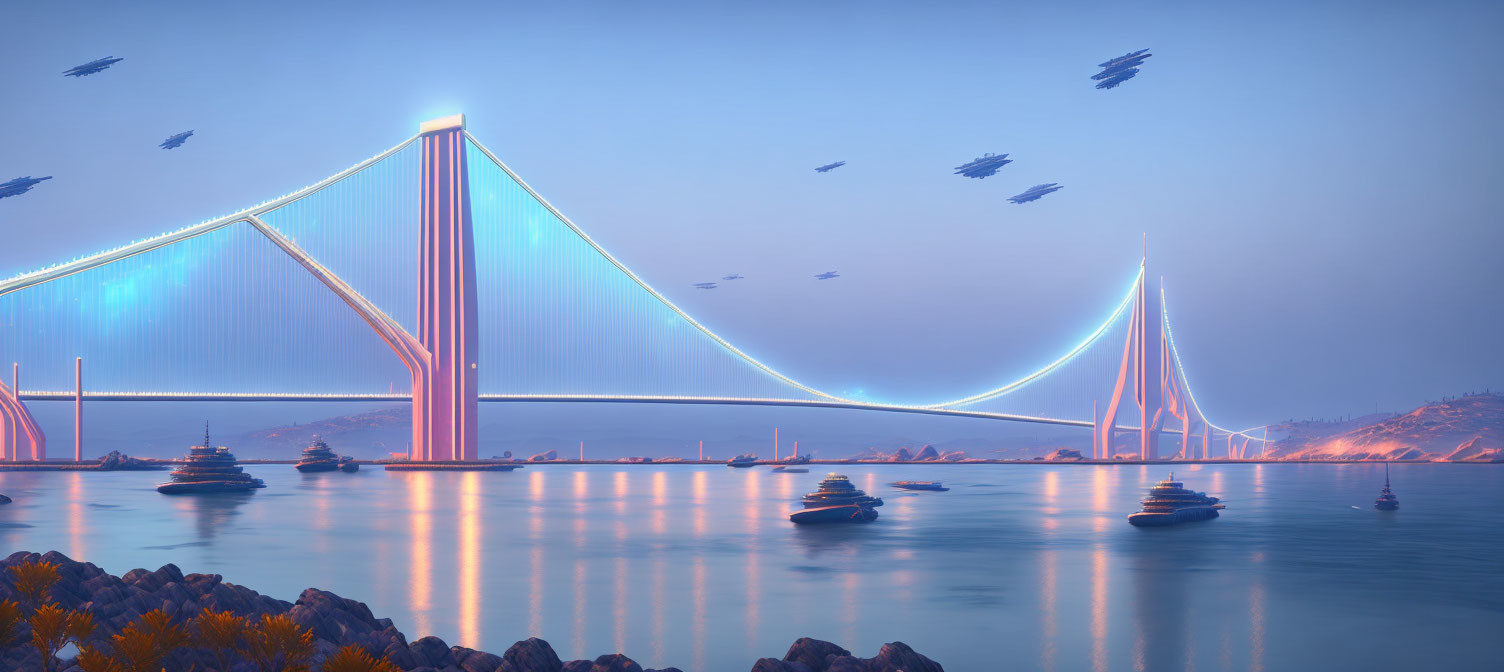 Futuristic suspension bridge at dusk with illuminated blue lights, boats, and flying vehicles under twilight sky