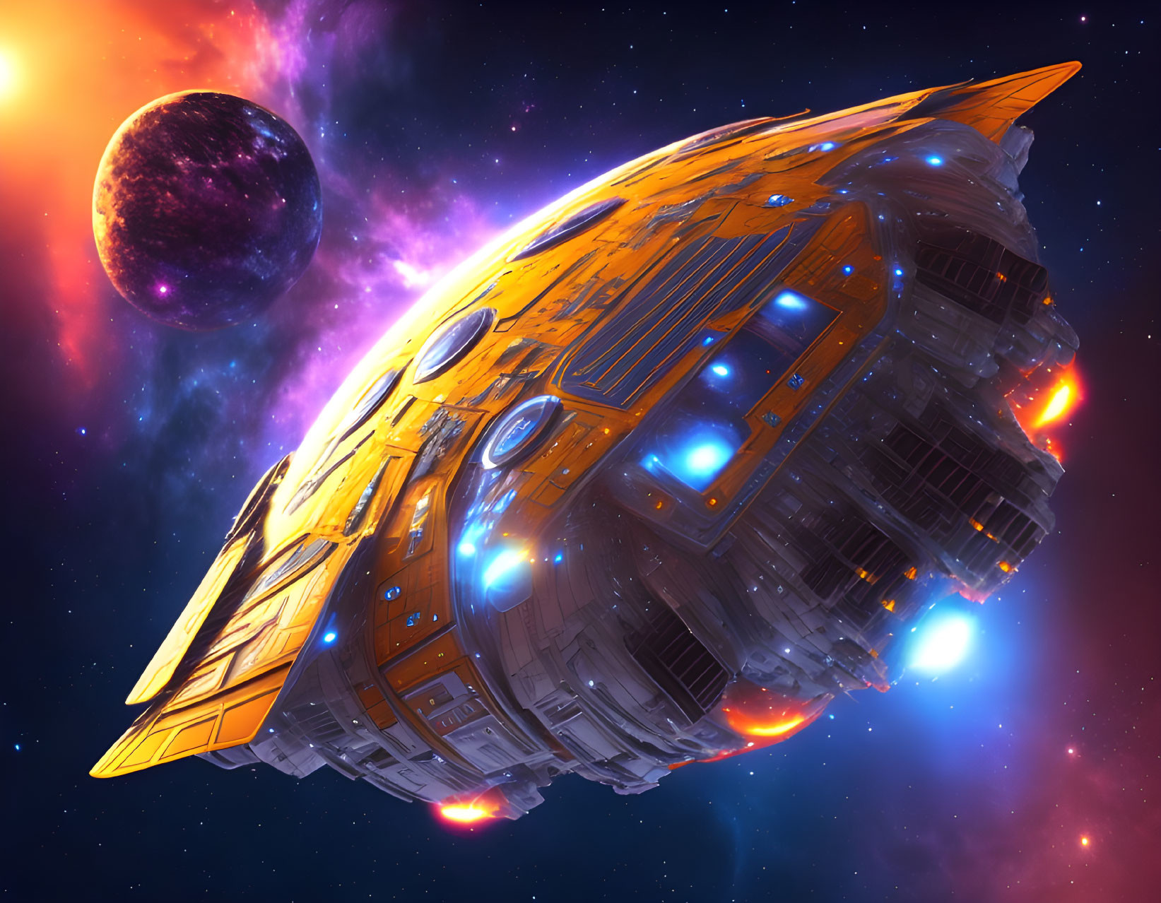 Futuristic spaceship with illuminated engines in space with planet and colorful nebula.